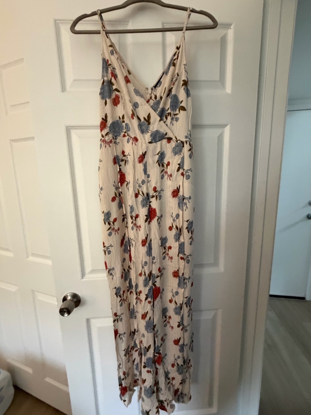 Cream Floral Jumpsuit with Blue and Red Blooms